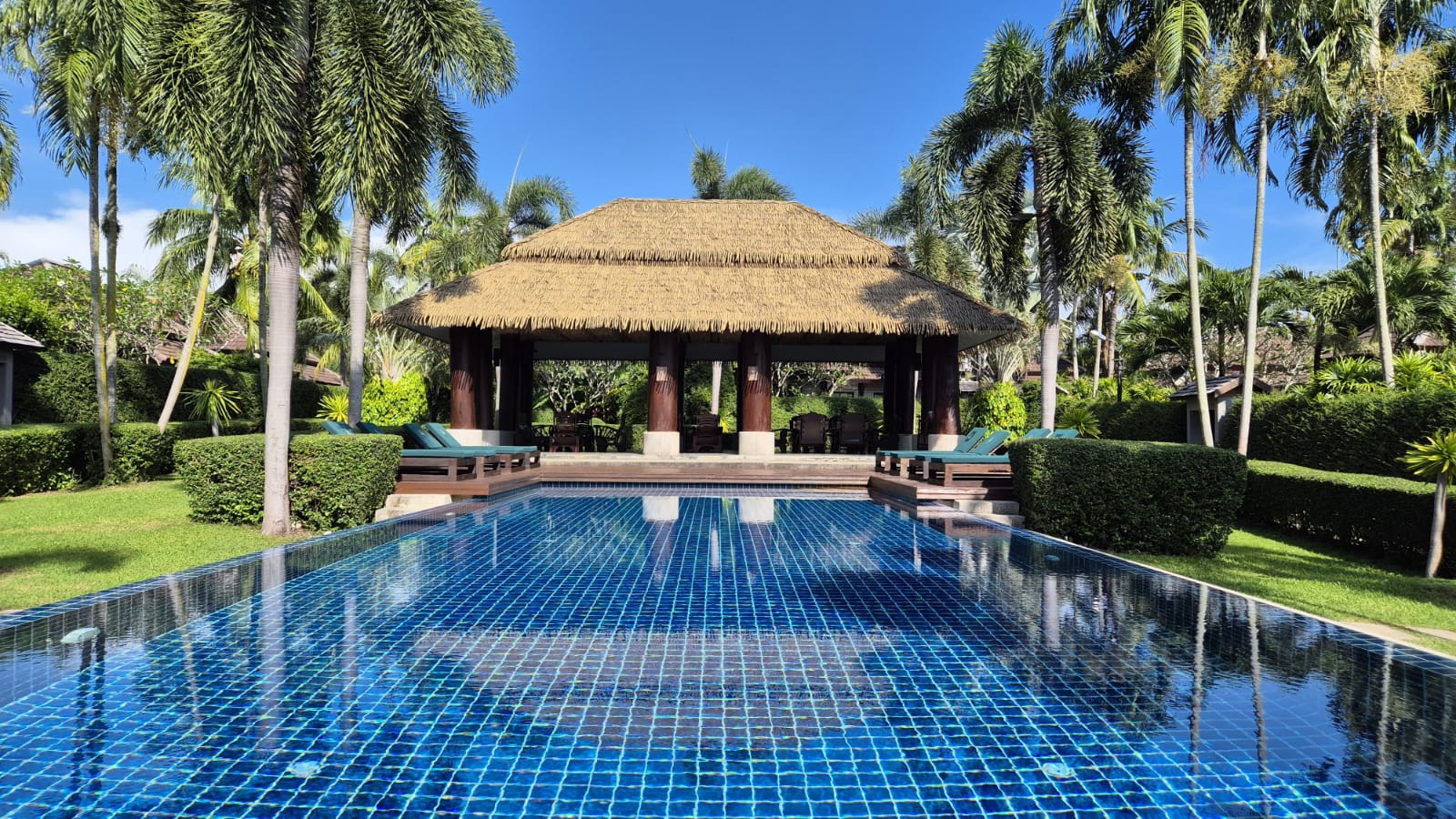 Aerial view of villa pool and sun loungers